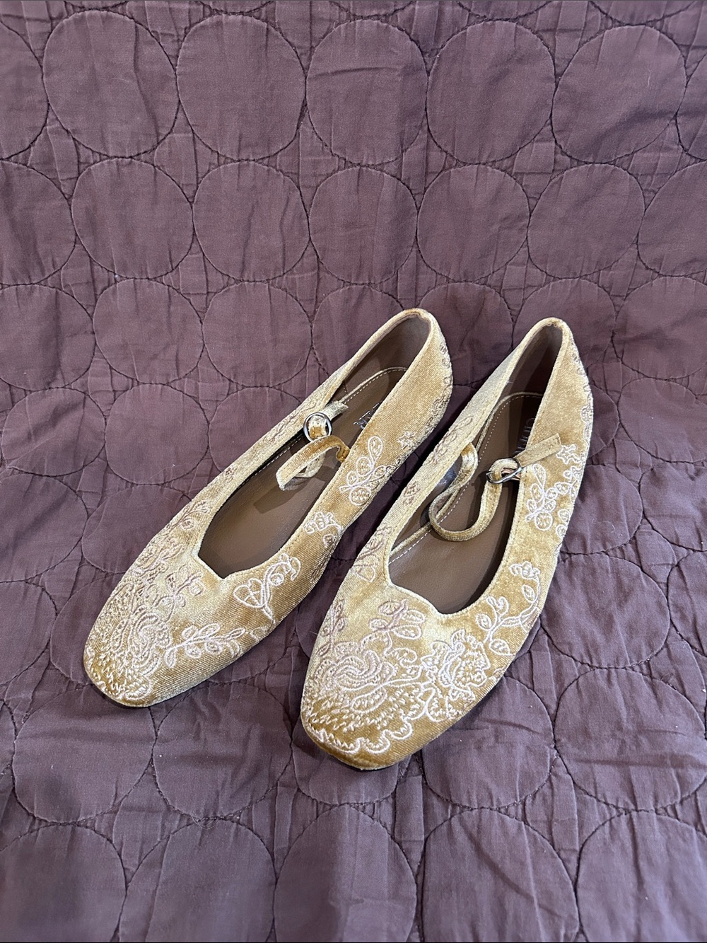Cider Cream Embroidered Mary Jane Flats EUC